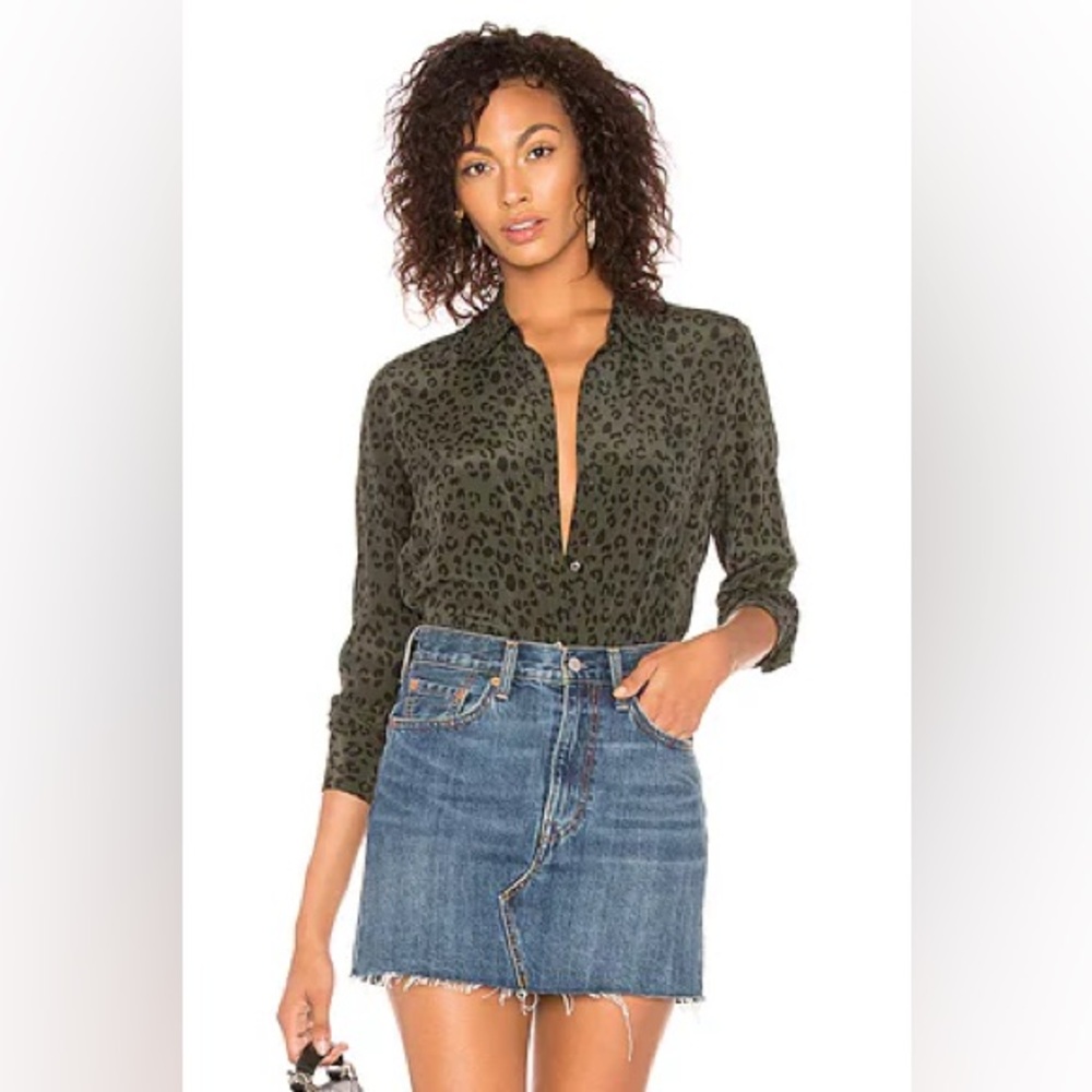 Rails Kate Silk Button Down Long Sleeve Blouse in Olive Cheetah Print